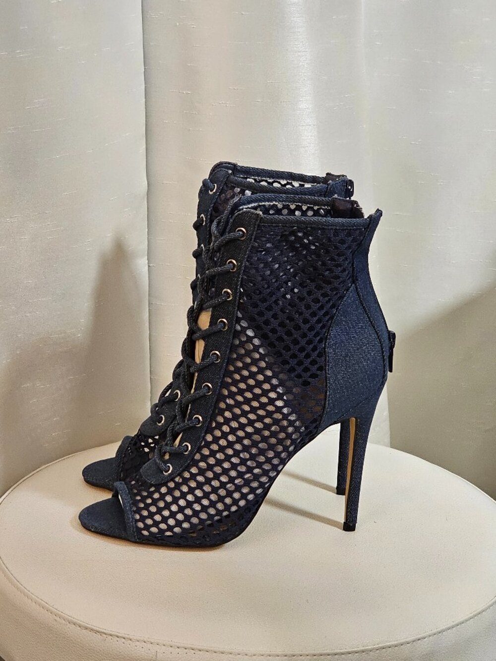 Denim Mesh Lace-Up Peep Toe Stiletto Booties | Never Worn